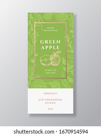 Apple Fruit Home Fragrance Abstract Vector Label Template. Hand Drawn Sketch Flowers, Leaves Background and Retro Typography. Premium Room Perfume Packaging Design Layout. Realistic Mockup. Isolated.