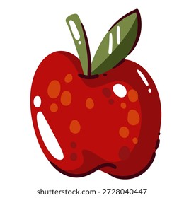 Icono de fruta de manzana con piel roja, hojas verdes y forma redondeada. Ilustración de manzana fresca para el diseño de alimentos, menú, embalaje, marca de comestibles. Símbolo de fruta saludable. Ilustración vectorial de dibujos animados.