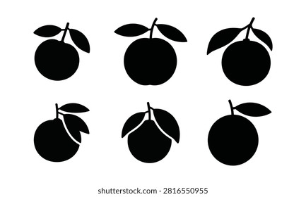 Apple fruit icons in black silhouette with leaves. Isolated on white background. Pome fruit for healthy eating and design.