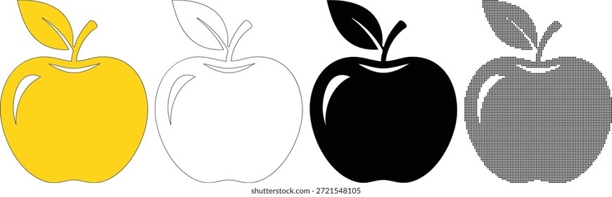 Iconos de fruta de manzana que incluyen hoja y tallo en cuatro estilos distintos. Ilustraciones vectoriales versátiles para App educativos, App de la salud, proyectos escolares y diseños de marca de tiendas de comestibles.