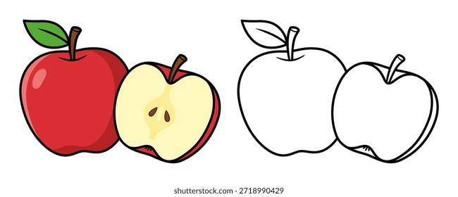 Conjunto de Ilustração de Fruta de Maçã com Versões de Cor e Contorno.