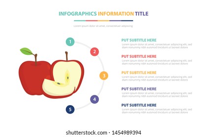 apple fruit infographic template concept with five points list and various color with clean modern white background - vector