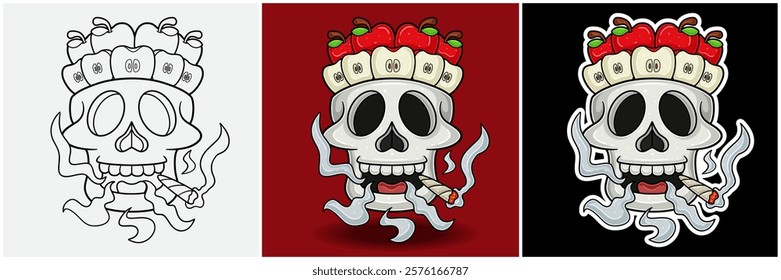 Apple Fruit Inside Skull Head With Smoking Character Cartoon. Black White, Colorful and Sticker Style. For T shirt print, Brand Logo, Label and Mascot product. Vectors Illustrations