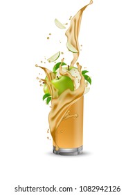 Apple fruit juice splashing into the glass with swirl. Apple 3d slices falling in the cup. Vector.