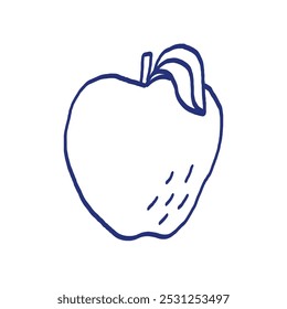 Fruta de manzana con hoja. Dibujado a mano boceto de Vector. Comida dulce. Dibujo azul del bolígrafo o del marcador. Imagen de niños primitivos