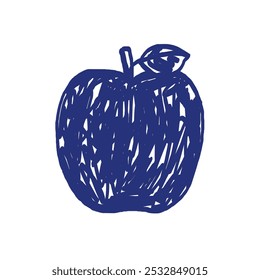 Apple fruit with leaf. Hand drawn sketch. Blue pen or marker drawing. Primitive kids picture.