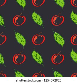 Apple fruit leaf vector color seamless pattern. Simplified retro illustration. Wrapping, scrapbook paper background.Childish cartoon style bright garden. Element for design, wallpaper, fabric printing