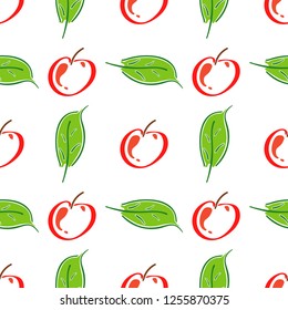 Apple fruit leaf vector color seamless pattern. Simplified retro illustration. Wrapping, scrapbook paper background.Childish cartoon style bright garden. Element for design, wallpaper, fabric printing