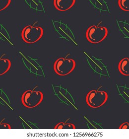 Apple fruit leaf vector color seamless pattern. Simplified retro illustration. Wrapping, scrapbook paper background.Childish cartoon style bright garden. Element for design, wallpaper, fabric printing