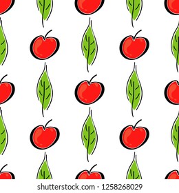 Apple fruit leaf vector color seamless pattern. Simplified retro illustration. Wrapping, scrapbook paper background.Childish cartoon style bright garden. Element for design, wallpaper, fabric printing