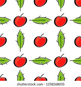 Apple fruit leaf vector color seamless pattern. Simplified retro illustration. Wrapping, scrapbook paper background.Childish cartoon style bright garden. Element for design, wallpaper, fabric printing