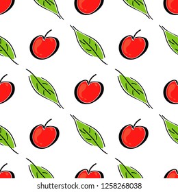 Apple fruit leaf vector color seamless pattern. Simplified retro illustration. Wrapping, scrapbook paper background.Childish cartoon style bright garden. Element for design, wallpaper, fabric printing