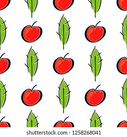 Apple fruit leaf vector color seamless pattern. Simplified retro illustration. Wrapping, scrapbook paper background.Childish cartoon style bright garden. Element for design, wallpaper, fabric printing