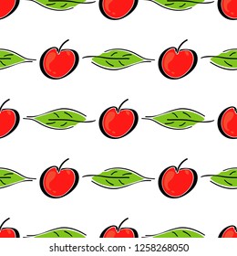 Apple fruit leaf vector color seamless pattern. Simplified retro illustration. Wrapping, scrapbook paper background.Childish cartoon style bright garden. Element for design, wallpaper, fabric printing