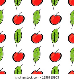 Apple fruit leaf vector color seamless pattern. Simplified retro illustration. Wrapping, scrapbook paper background.Childish cartoon style bright garden. Element for design, wallpaper, fabric printing