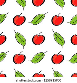 Apple fruit leaf vector color seamless pattern. Simplified retro illustration. Wrapping, scrapbook paper background.Childish cartoon style bright garden. Element for design, wallpaper, fabric printing