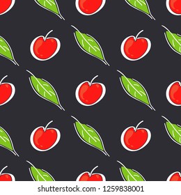 Apple fruit leaf vector color seamless pattern. Simplified retro illustration. Wrapping, scrapbook paper background.Childish cartoon style bright garden. Element for design, wallpaper, fabric printing