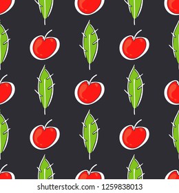 Apple fruit leaf vector color seamless pattern. Simplified retro illustration. Wrapping, scrapbook paper background.Childish cartoon style bright garden. Element for design, wallpaper, fabric printing