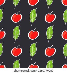Apple fruit leaf vector color seamless pattern. Simplified retro illustration. Wrapping, scrapbook paper background.Childish cartoon style bright garden. Element for design, wallpaper, fabric printing