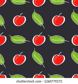 Apple fruit leaf vector color seamless pattern. Simplified retro illustration. Wrapping, scrapbook paper background.Childish cartoon style bright garden. Element for design, wallpaper, fabric printing