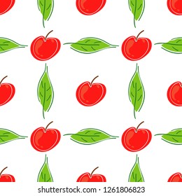 Apple fruit leaf vector color seamless pattern. Simplified retro illustration. Wrapping, scrapbook paper background.Childish cartoon style bright garden. Element for design, wallpaper, fabric printing