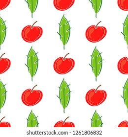 Apple fruit leaf vector color seamless pattern. Simplified retro illustration. Wrapping, scrapbook paper background.Childish cartoon style bright garden. Element for design, wallpaper, fabric printing