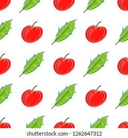 Apple fruit leaf vector color seamless pattern. Simplified retro illustration. Wrapping, scrapbook paper background.Childish cartoon style bright garden. Element for design, wallpaper, fabric printing