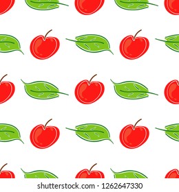 Apple fruit leaf vector color seamless pattern. Simplified retro illustration. Wrapping, scrapbook paper background.Childish cartoon style bright garden. Element for design, wallpaper, fabric printing