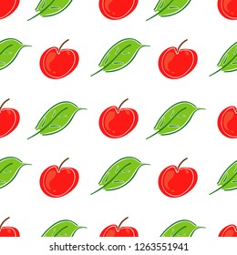 Apple fruit leaf vector color seamless pattern. Simplified retro illustration. Wrapping, scrapbook paper background.Childish cartoon style bright garden. Element for design, wallpaper, fabric printing