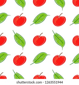 Apple fruit leaf vector color seamless pattern. Simplified retro illustration. Wrapping, scrapbook paper background.Childish cartoon style bright garden. Element for design, wallpaper, fabric printing