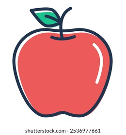 Apple fruit line icon vector isolated. Illustration of a red delicious apple. Organic, full of vitamins dessert. Healthy nutrition. Ripe fruit with a green leaf.