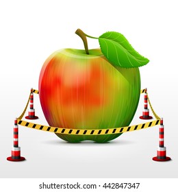 Apple fruit located in restricted area. Apple with leaf surrounded barrier tape. Vector illustration