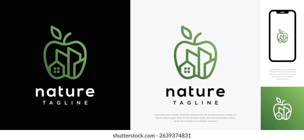 Apple fruit logo design with real estate building. Apple fruit logo template building. Real estate apple logo symbol icon	