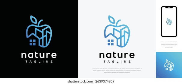 Apple fruit logo design with real estate building. Apple fruit logo template building. Real estate apple logo symbol icon	