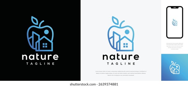 Apple fruit logo design with real estate building. Apple fruit logo template building. Real estate apple logo symbol icon	