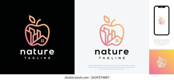 Apple fruit logo design with real estate building. Apple fruit logo template building. Real estate apple logo symbol icon	