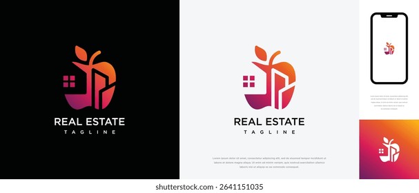 Apple fruit logo design with real estate building. Apple fruit logo template building. Real estate apple logo symbol icon	