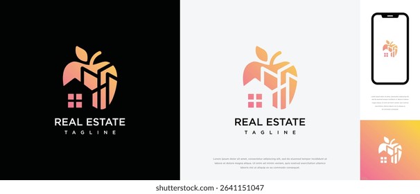 Apple fruit logo design with real estate building. Apple fruit logo template building. Real estate apple logo symbol icon	