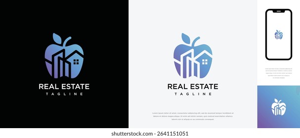 Apple fruit logo design with real estate building. Apple fruit logo template building. Real estate apple logo symbol icon	
