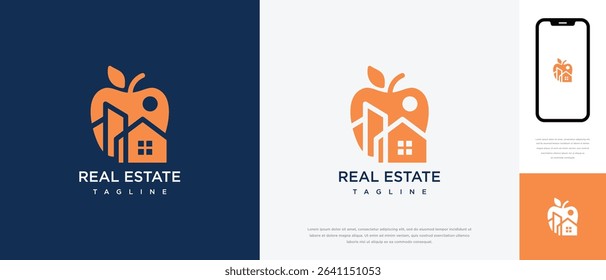 Apple fruit logo design with real estate building. Apple fruit logo template building. Real estate apple logo symbol icon	