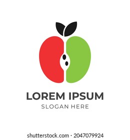 apple fruit logo vector with flat red and green color style