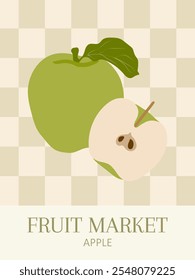 Apple fruit market. Abstract poster of retro groovy apples on checkered background. Aesthetic wall art design.