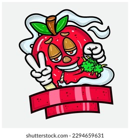 Apple Fruit Mascot Cartoon Characters With Weed Bud, Smoking and Blank Sign Label. Vectors and Illustrations.