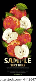 Apple fruit mix with leaves on black background vector illustration. Organic vegetarian product. Healthy food.