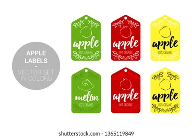 Apple fruit Natural store labels set in green, red, yellow colors. Cartoon Advertising hundred percent organic Stickers. fruit Badges with Hand drawn apples and Eco leaves ready for web and Print