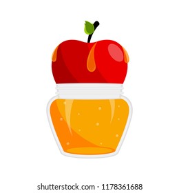 Apple fruit on a honey jar. Rosh hashanah concept