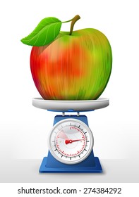 Apple fruit on scale pan. Weighing apple with leaf on scales. Vector illustration about apple, agriculture, fruits, cooking, gastronomy, etc. It has transparency, masks, blending modes, mesh