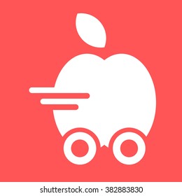 Apple fruit on the wheels. Healthy food fruit delivery flat vector icon on red background
