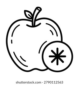 Apple fruit outline icon with half slice and star center minimalist nutrition vegetarian ingredient illustration