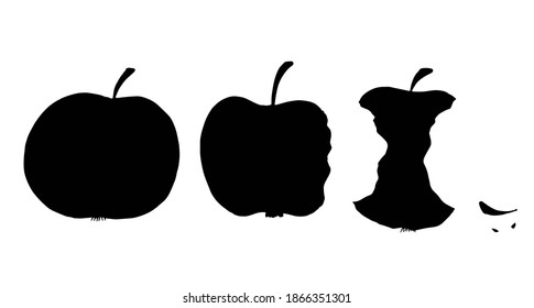 Apple, fruit, apple pieces, core. Vector illustration. Black silhouette.